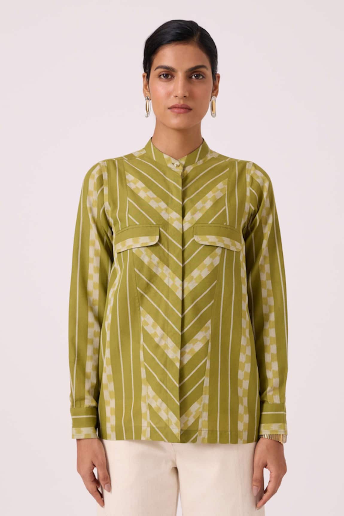 The Summer House Wilde Green Striped Ikat Shirt 