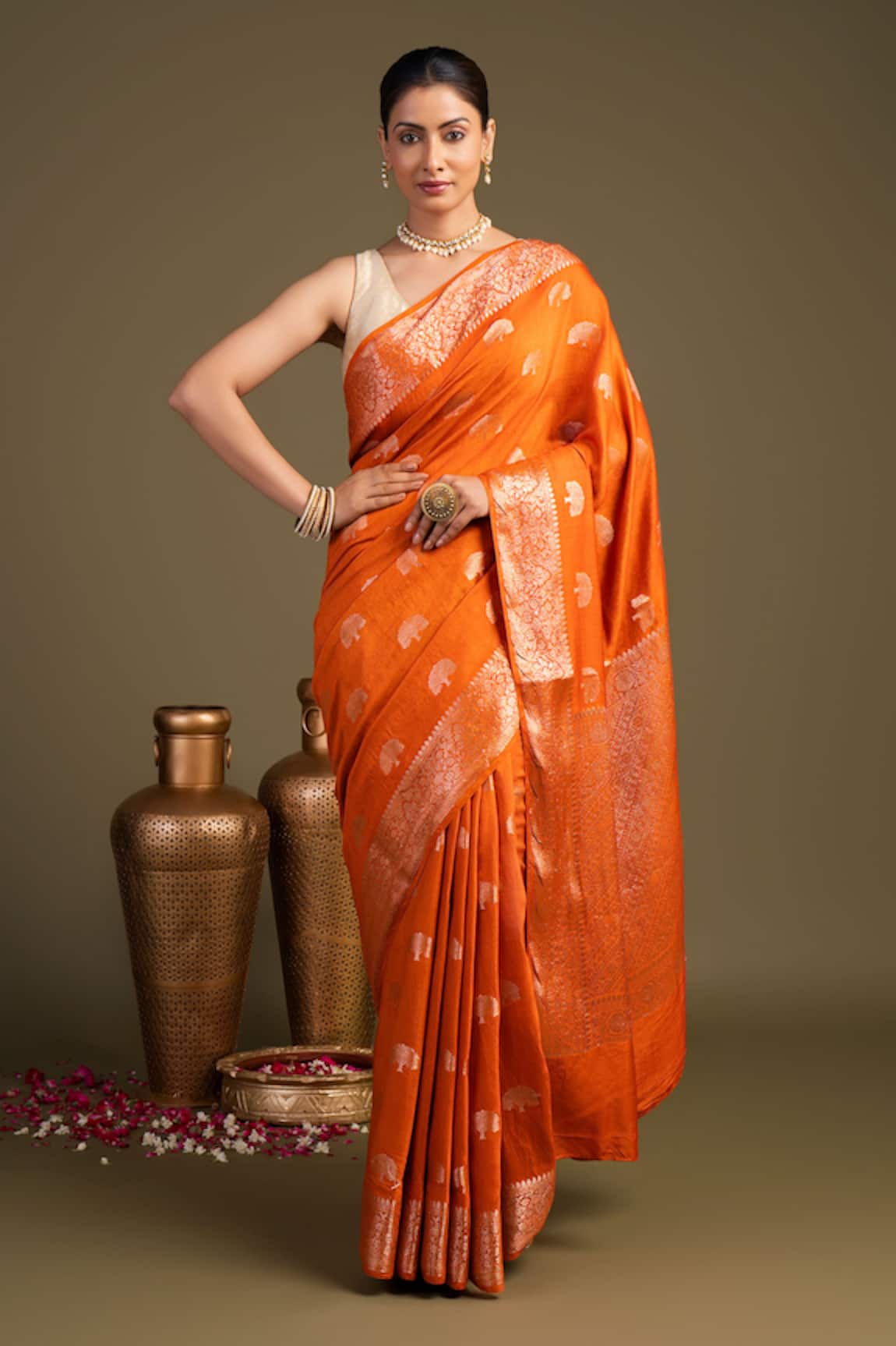 Zal From Benaras Moonga Silk Banarasi Handloom Saree With Unstitched Blouse Piece 