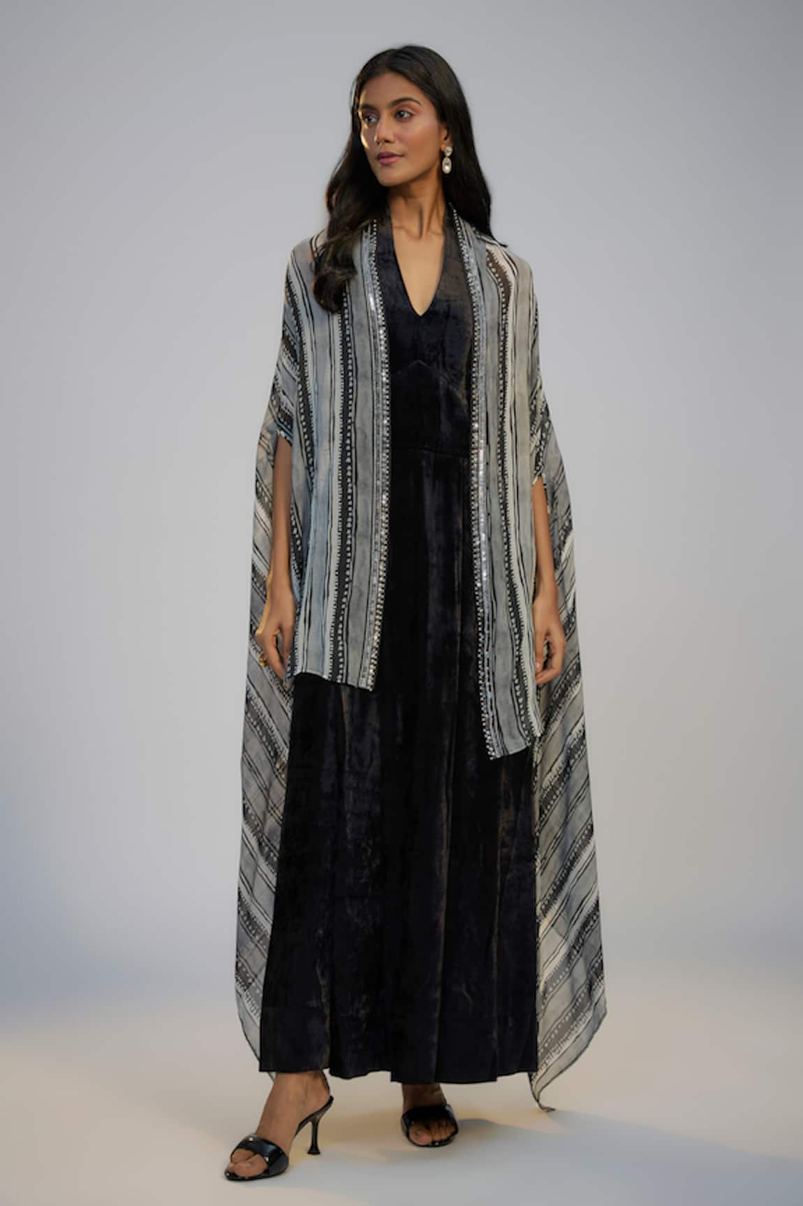 Nadima Saqib Black Dress & Printed Cape Set 
