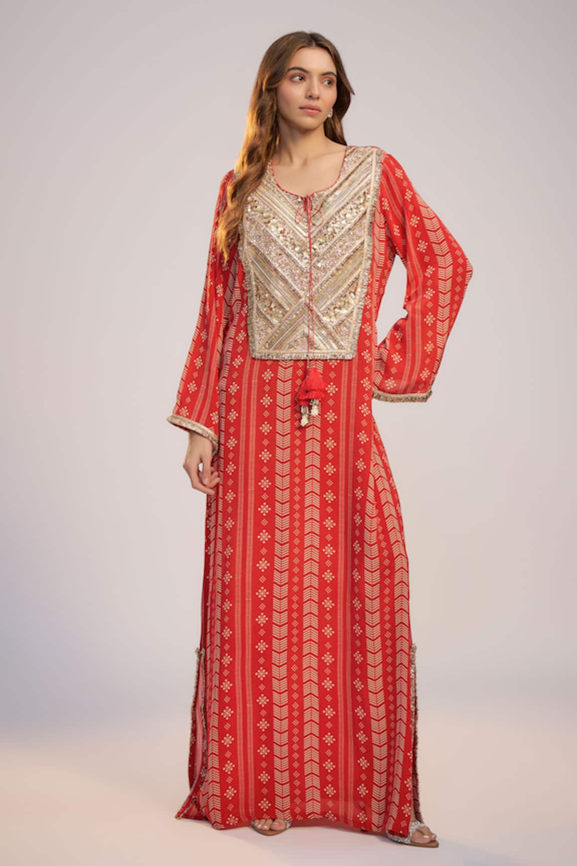 Nadima Saqib Red Printed & Embroidered Kaftan Dress