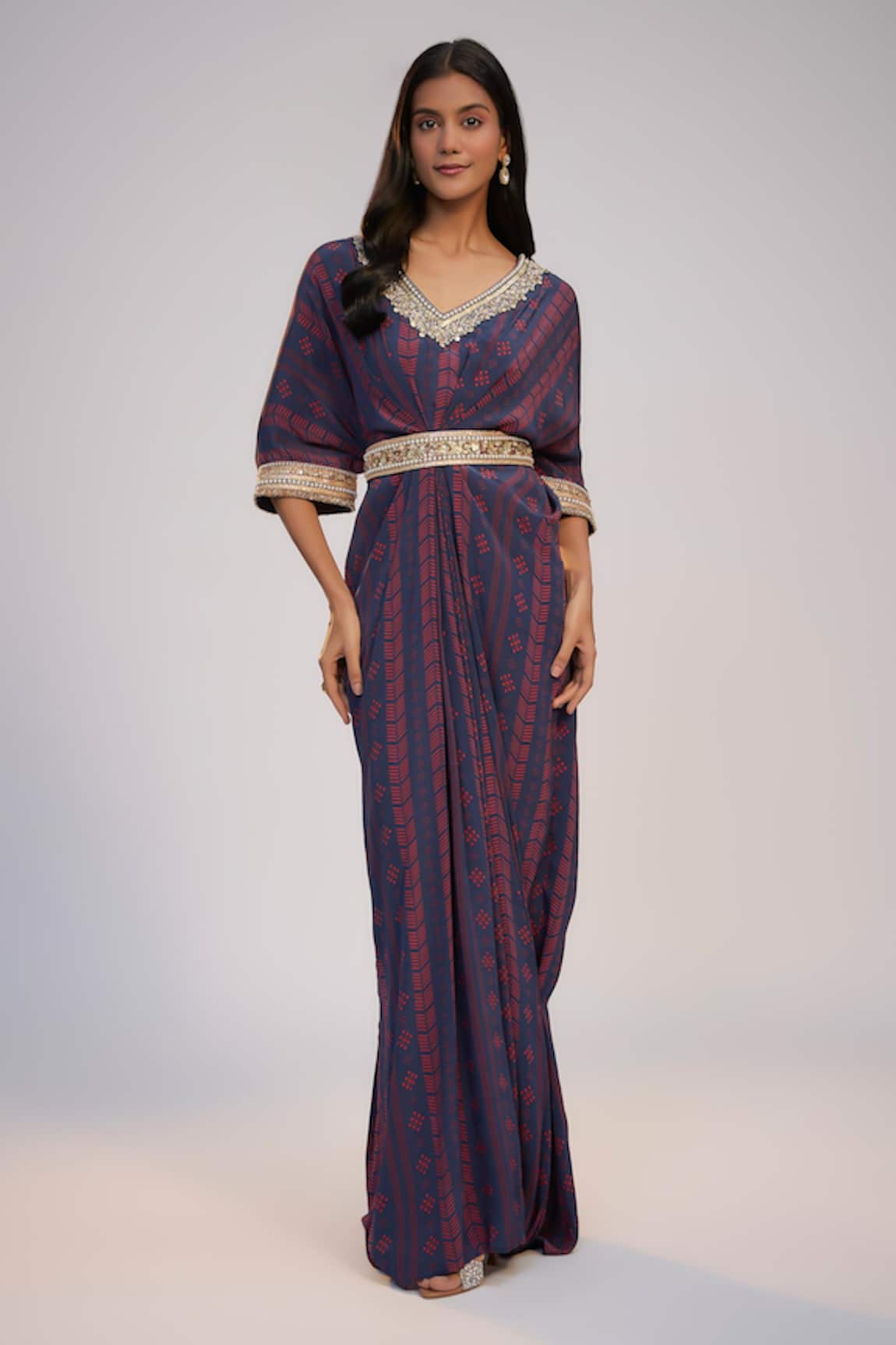 Nadima Saqib Navy Blue Printed & Embroidered Kaftan Dress 