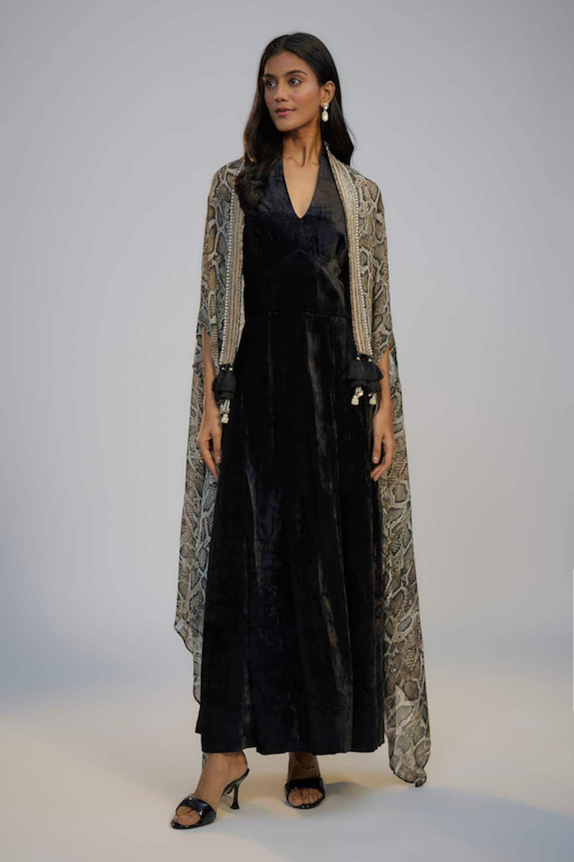Nadima Saqib Black Dress & Printed Cape Set 