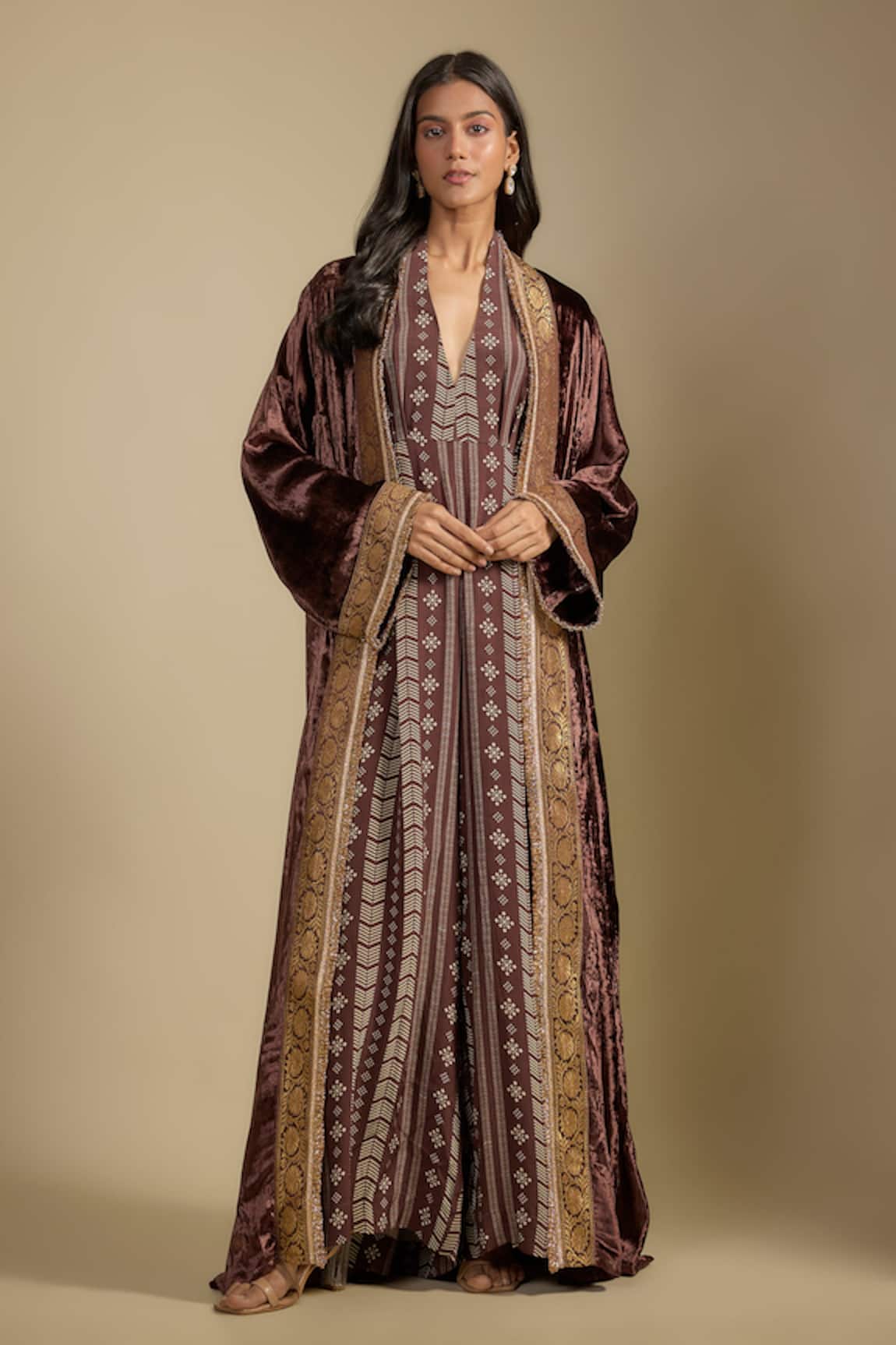 Nadima Saqib Brown Velvet Cape With Printed Jumpsuit 