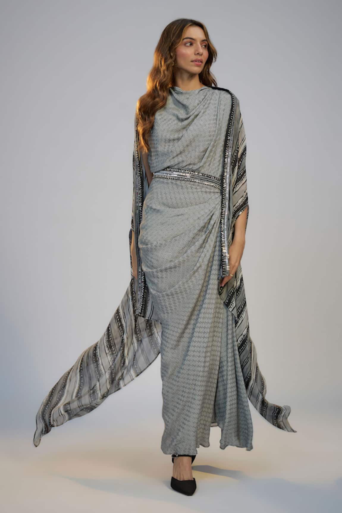 Nadima Saqib Black Printed & Embroidered Dress with Cape 