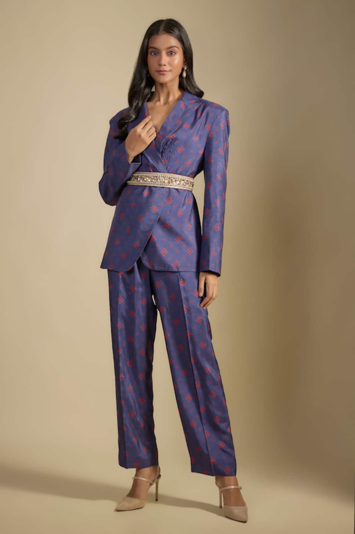 Nadima Saqib Navy Blue Printed Blazer Set 