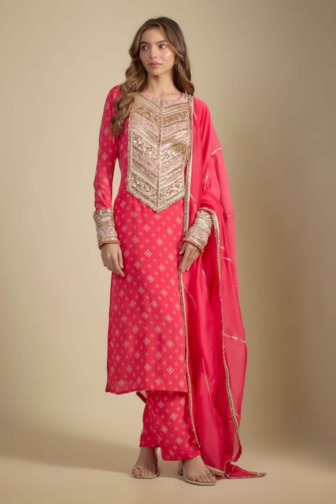Nadima Saqib Fuschia Pink Printed & Embroidered Kurta Set 