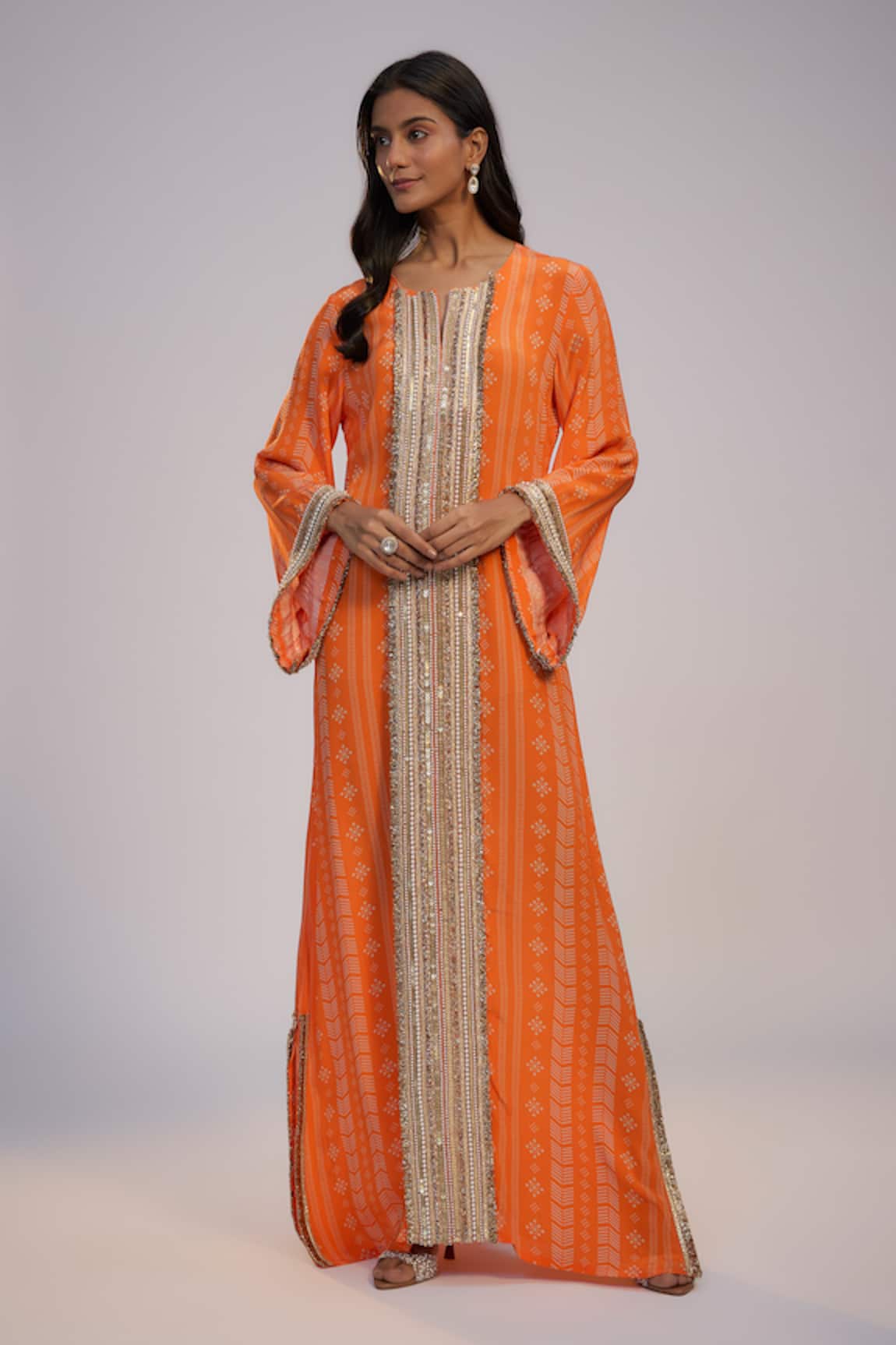 Nadima Saqib Orange Printed & Embroidered Kaftan Dress 