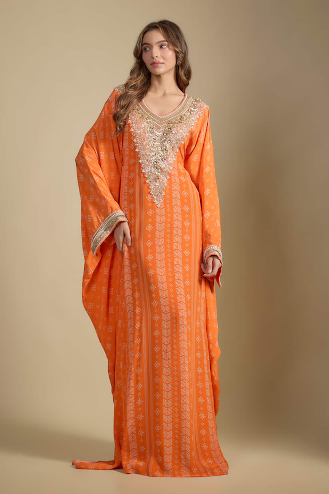 Nadima Saqib Orange Printed & Embroidered Kaftan Dress 