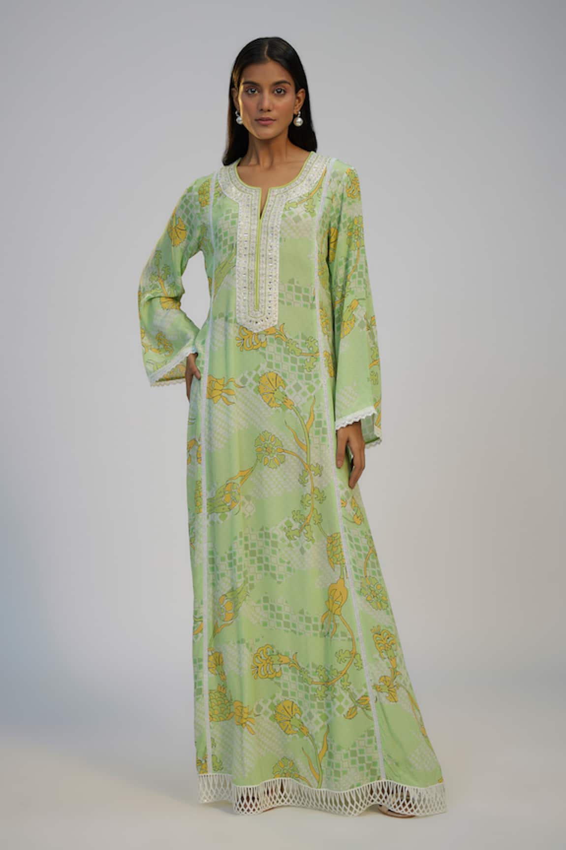 Nadima Saqib Lime Green Printed and Embroidered Kaftan Dress 