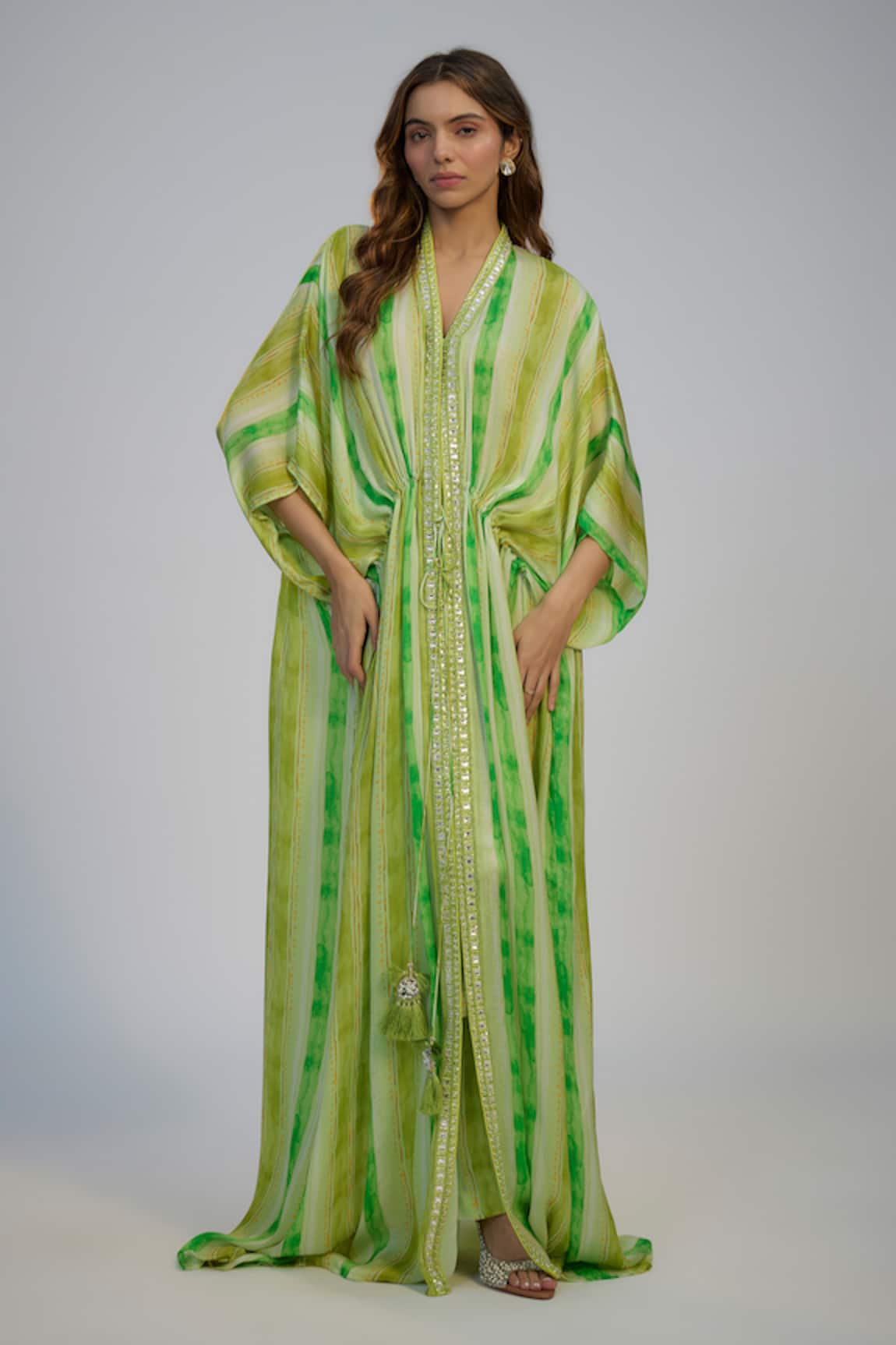 Nadima Saqib Lime Green Stripe Print Kaftan & Pant Set 