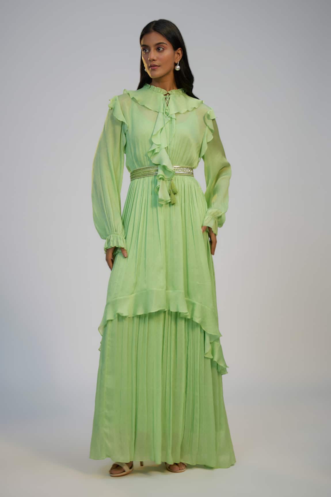 Nadima Saqib Lime Green Cotton Embroidered Dress 