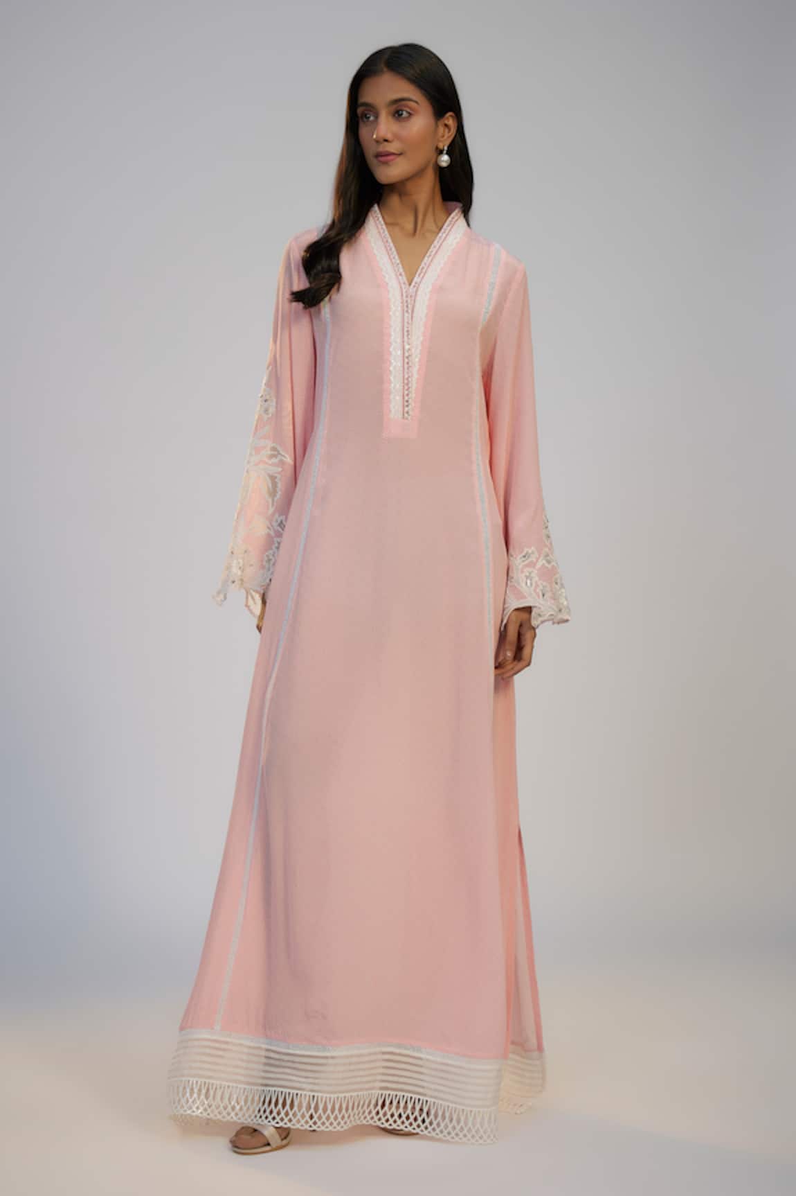 Nadima Saqib Pastel Pink Printed & Embroidered Kaftan Dress 