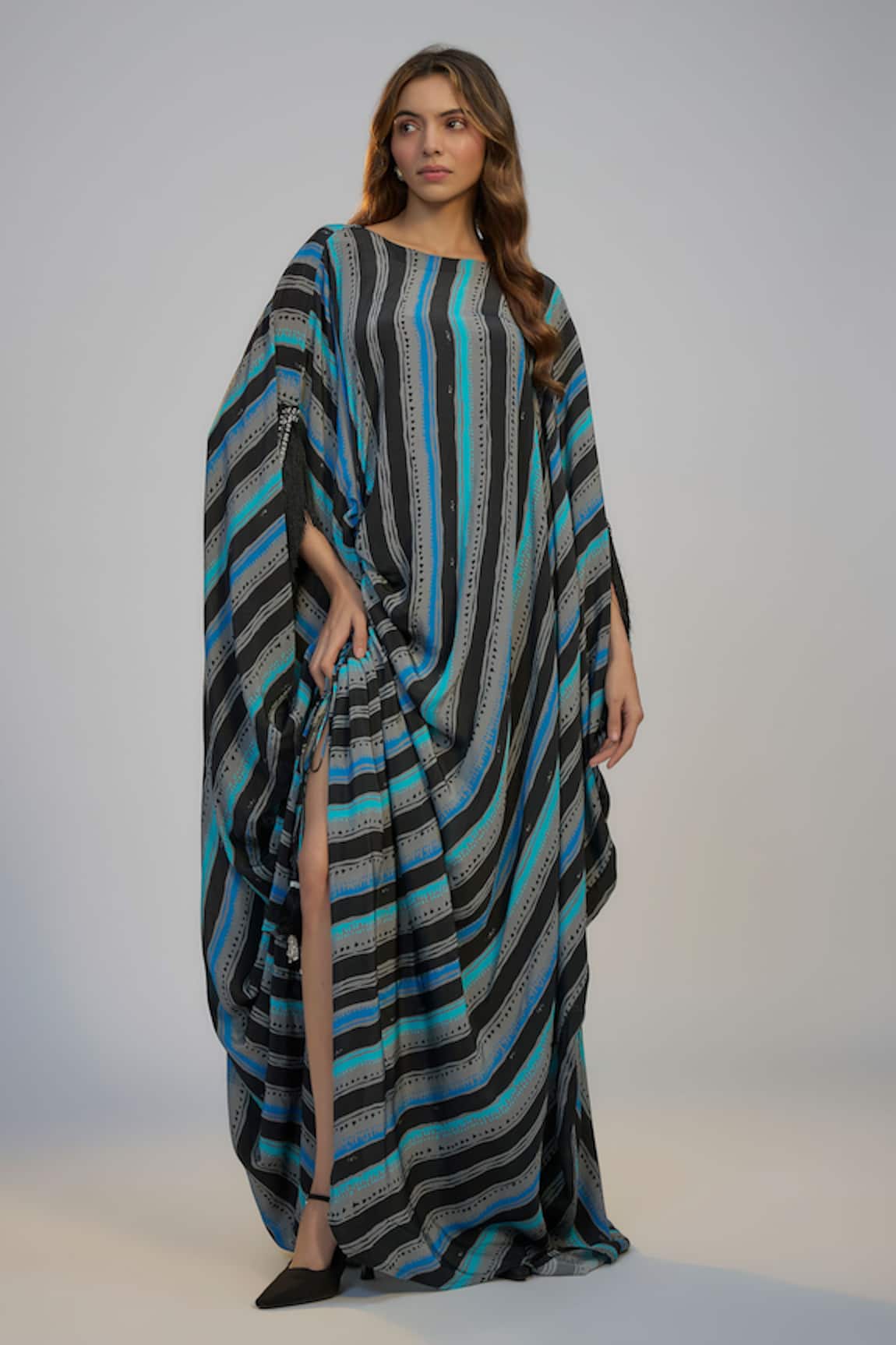 Nadima Saqib Black Blue Stripe Print & Embroidered Kaftan 