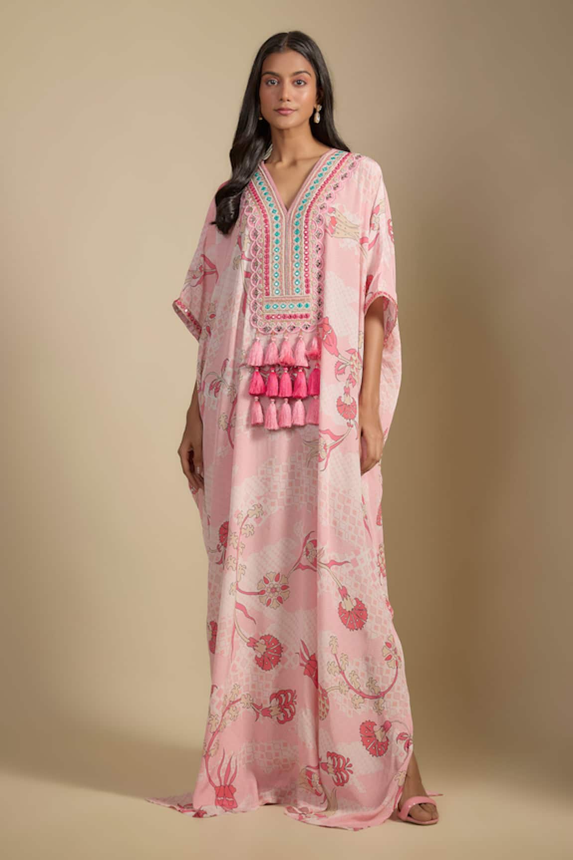 Nadima Saqib Pastel Pink Printed & Embroidered Kaftan 