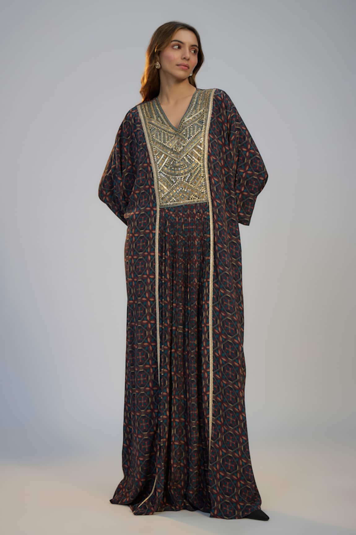 Nadima Saqib Dark Blue Printed & Embroidered Kaftan 
