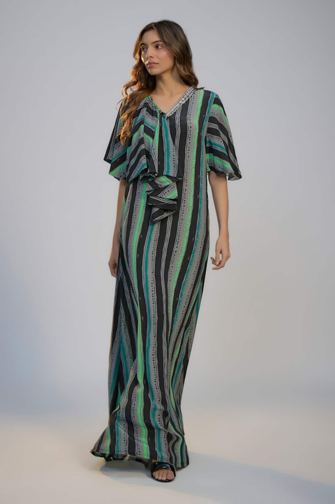 Nadima Saqib Black Green Stripes Print Kaftan Dress 