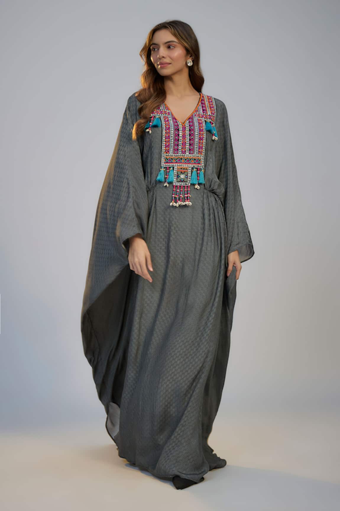 Nadima Saqib Black Printed & Embroidered Kaftan 