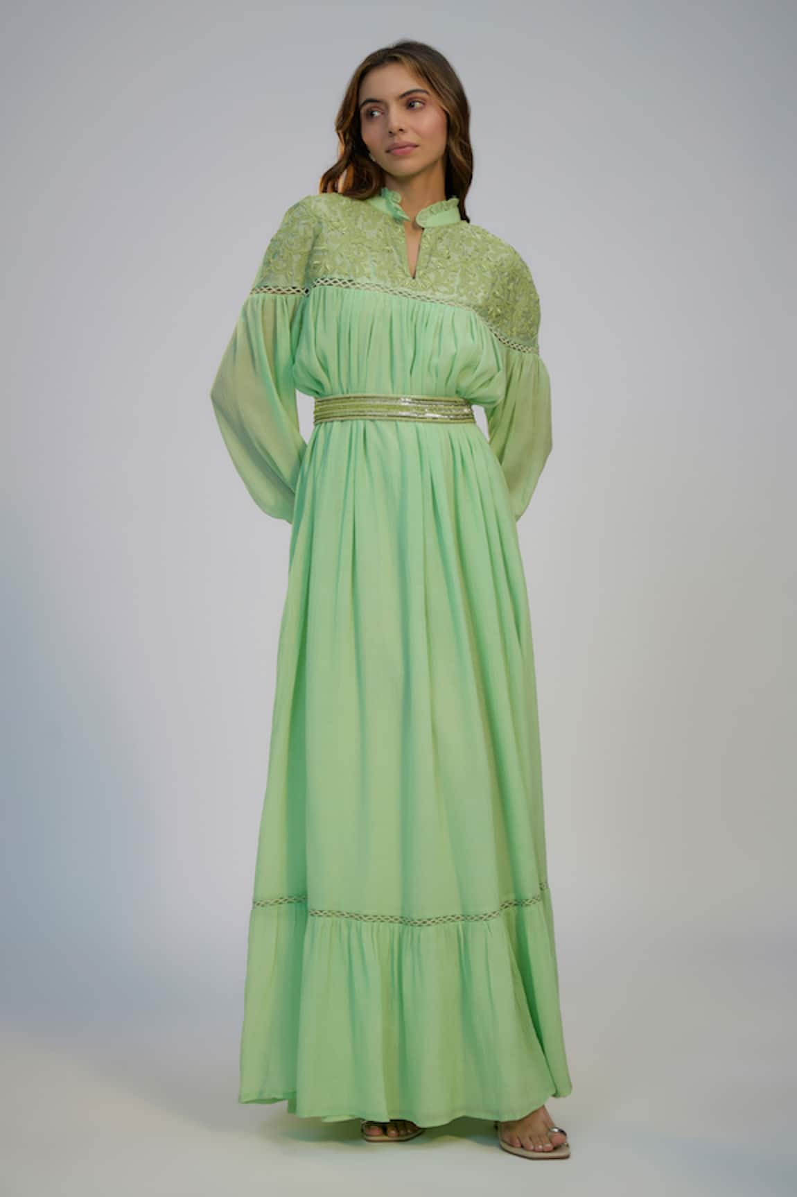 Nadima Saqib Green Cotton Crush Embroidered Dress 