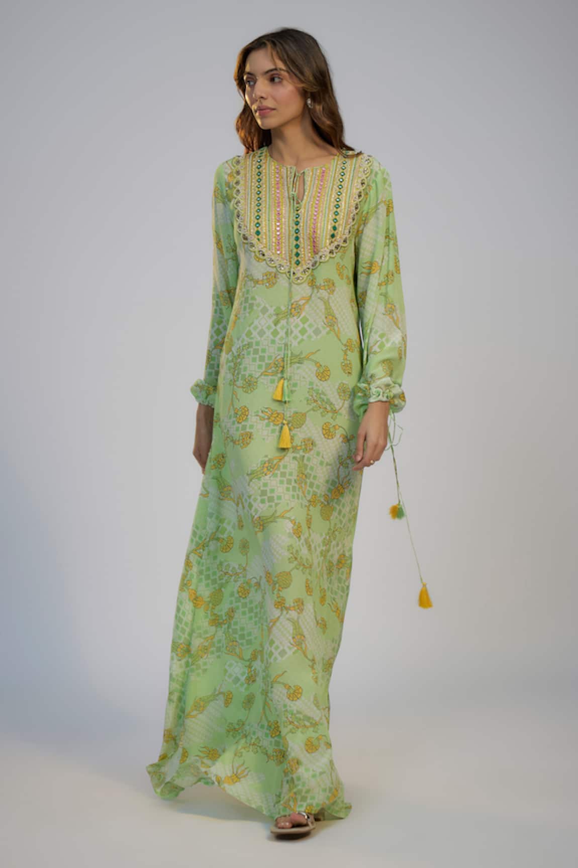 Nadima Saqib Lime Green Printed & Embroidered Kaftan 