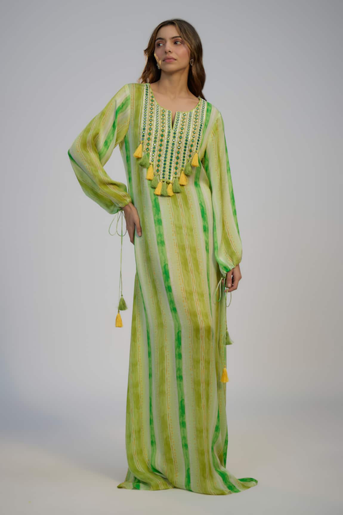 Nadima Saqib Lime Green Stripe Print & Embroidered Kaftan 