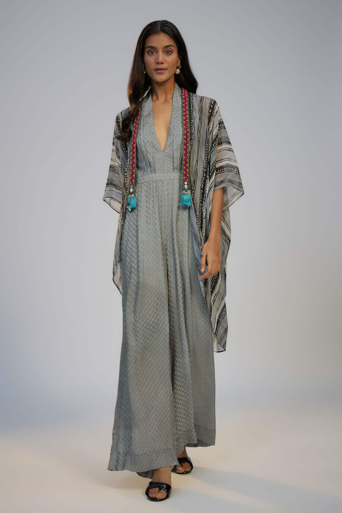 Nadima Saqib Black Printed Jumpsuit & Cape Set 
