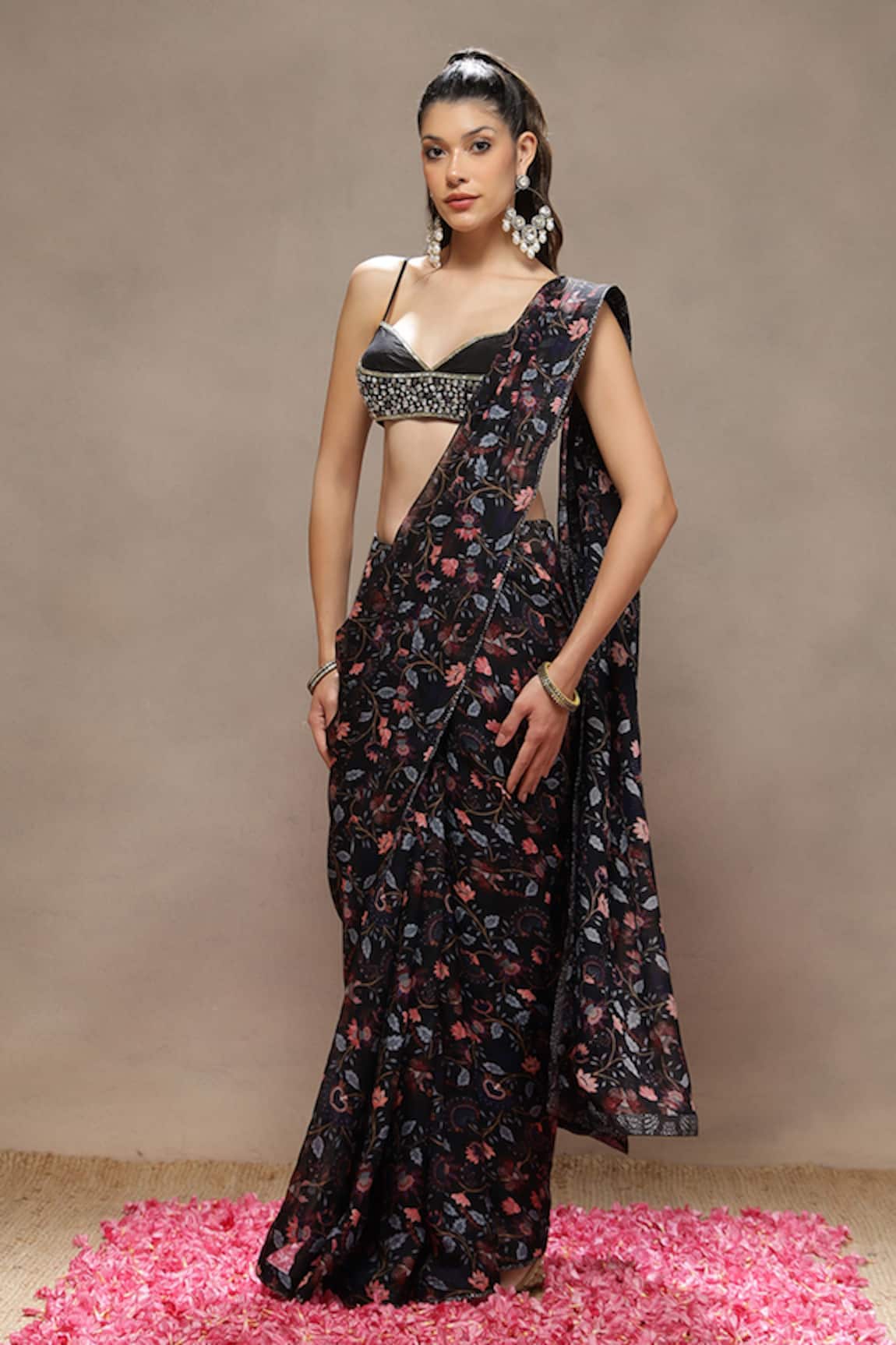 Kyra By Bhavna Black Ash Petal Saree With Bralette 