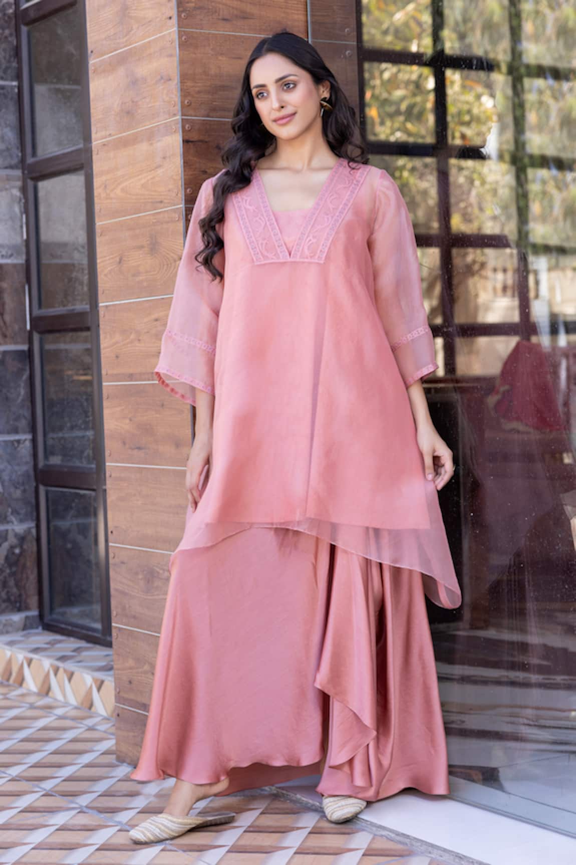 Janki India Peach Organza Kaftan Set 