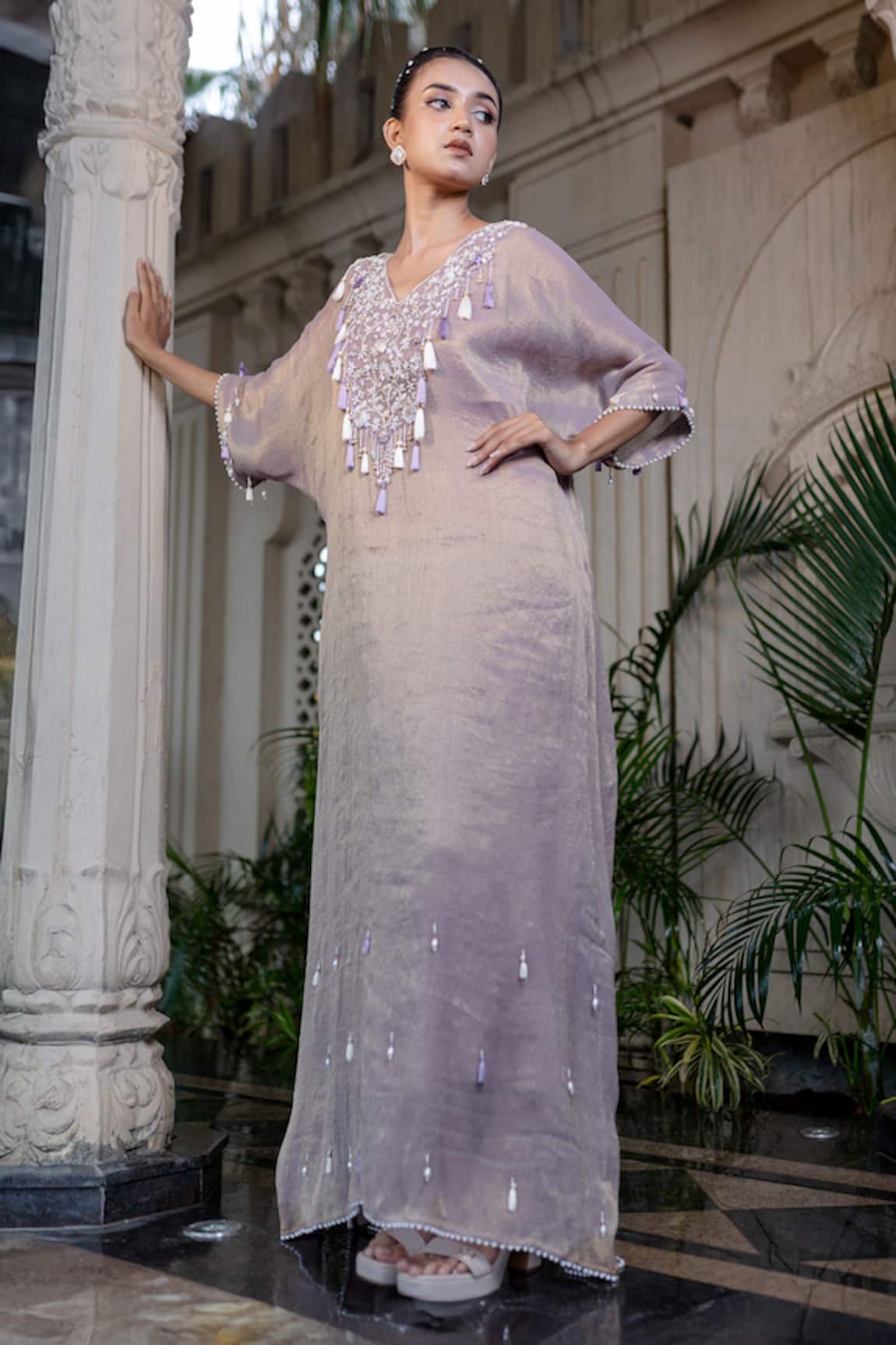 Farha Syed Champagne Rose Embroidered Kaftan Set 