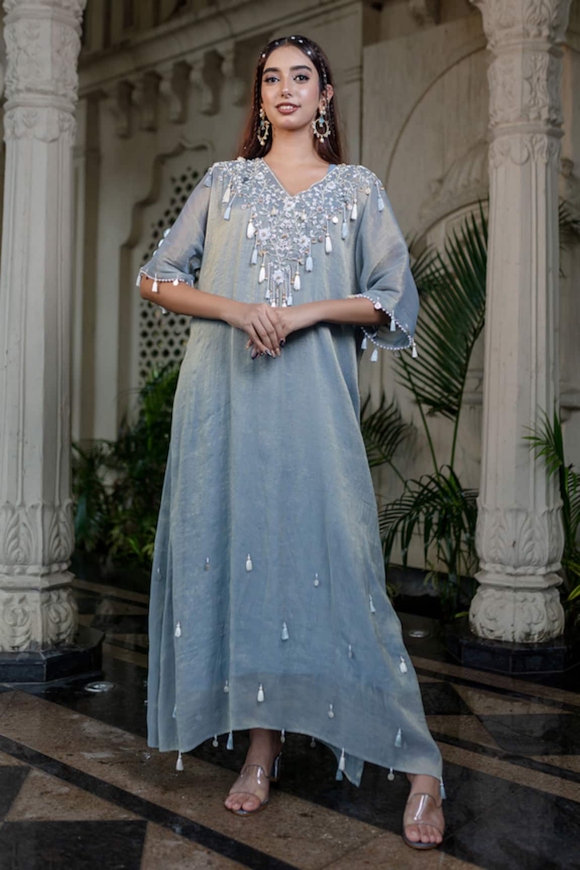 Farha Syed Ice Blue Embroidered Kaftan 