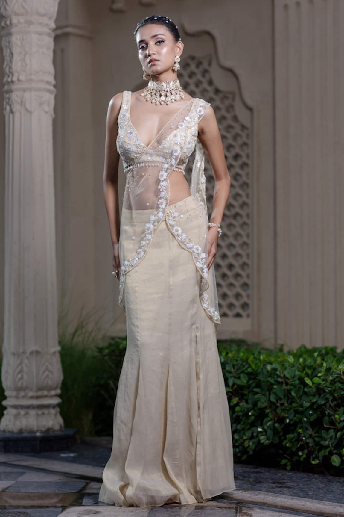 Farha Syed Ivory Beige Pre-Draped Skirt Saree With Blouse 