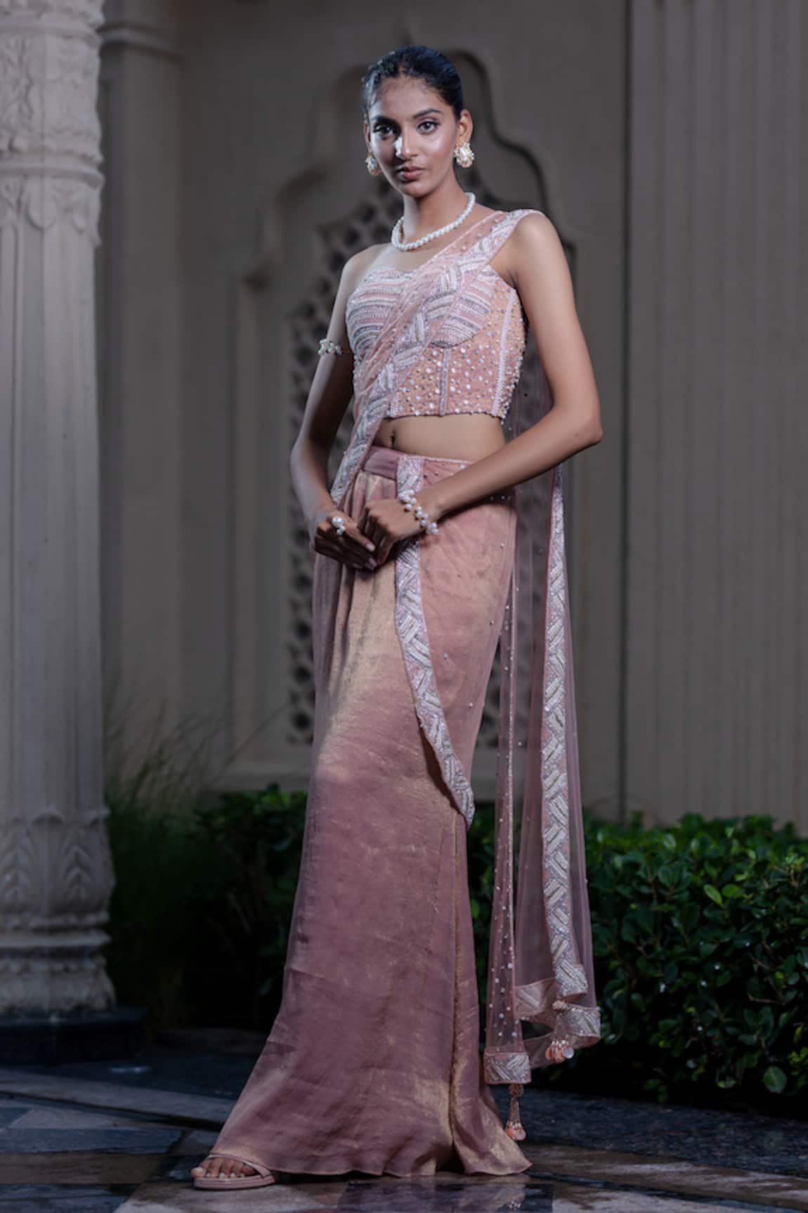 Farha Syed Peachish Pink Corset Blouse & Pre-draped Saree 