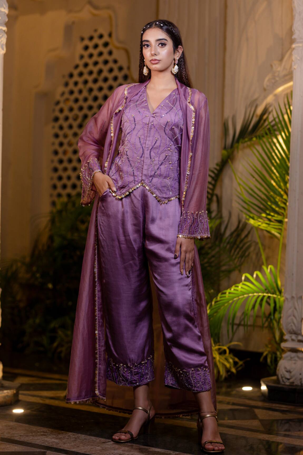 Farha Syed Lavender Embroidered Jacket & Pant Set 