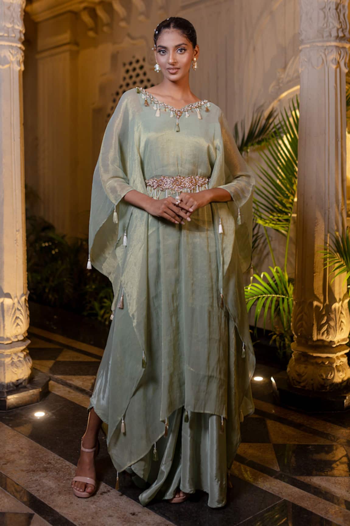 Farha Syed Mint Green Embroidered Kaftan Set 