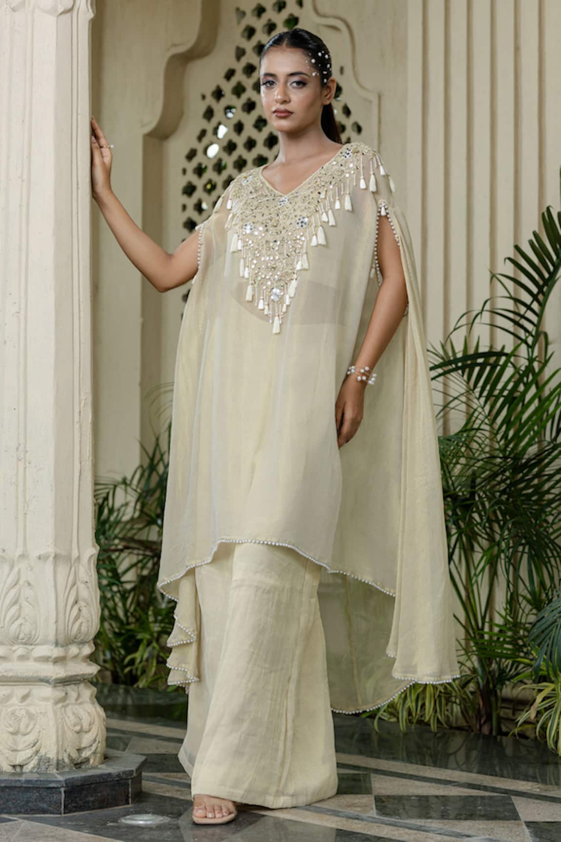 Farha Syed Ivory Beige Kaftan Palazzo Set 