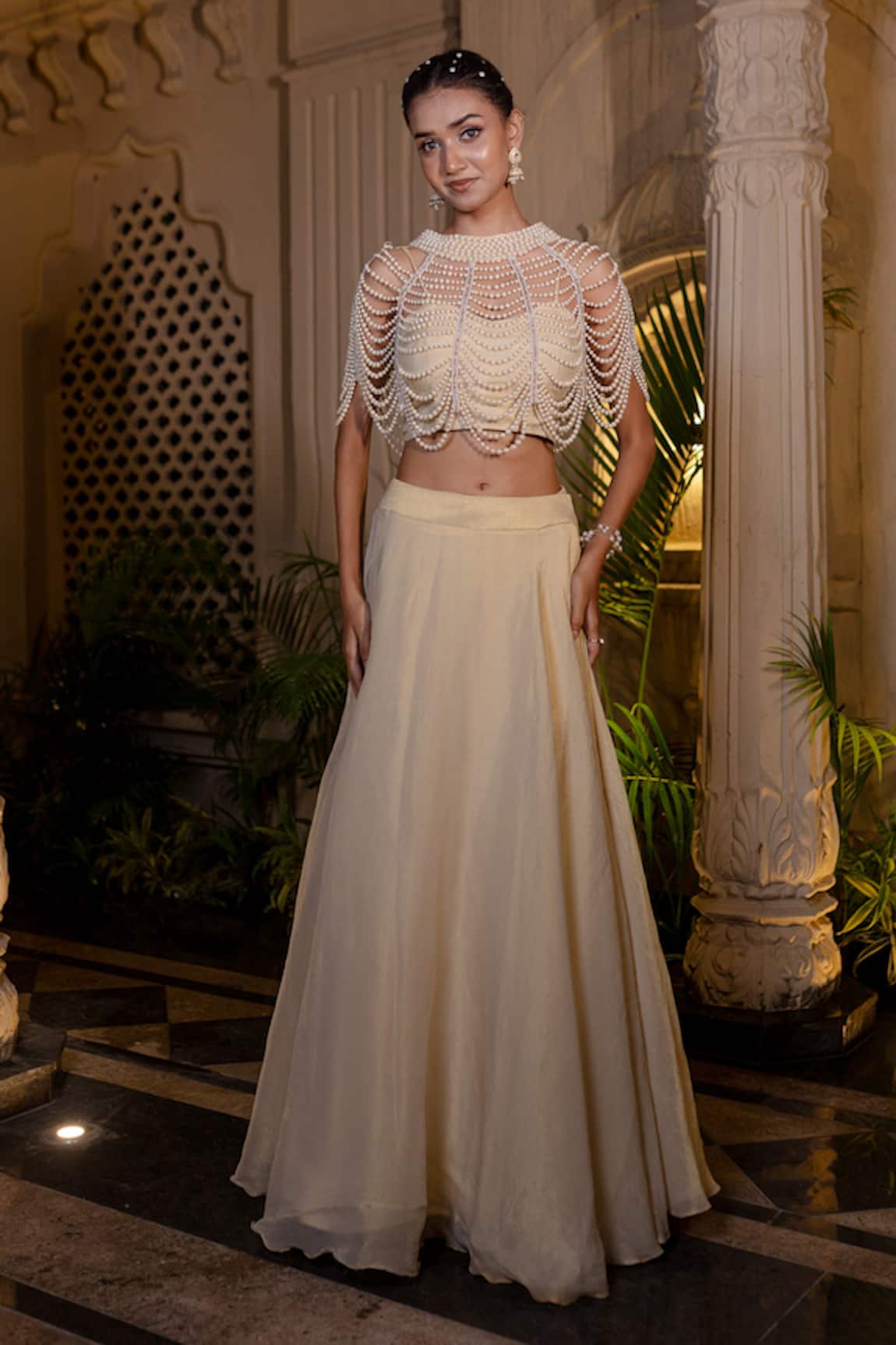 Farha Syed Ivory Beige Cape Lehenga Bustier Set 