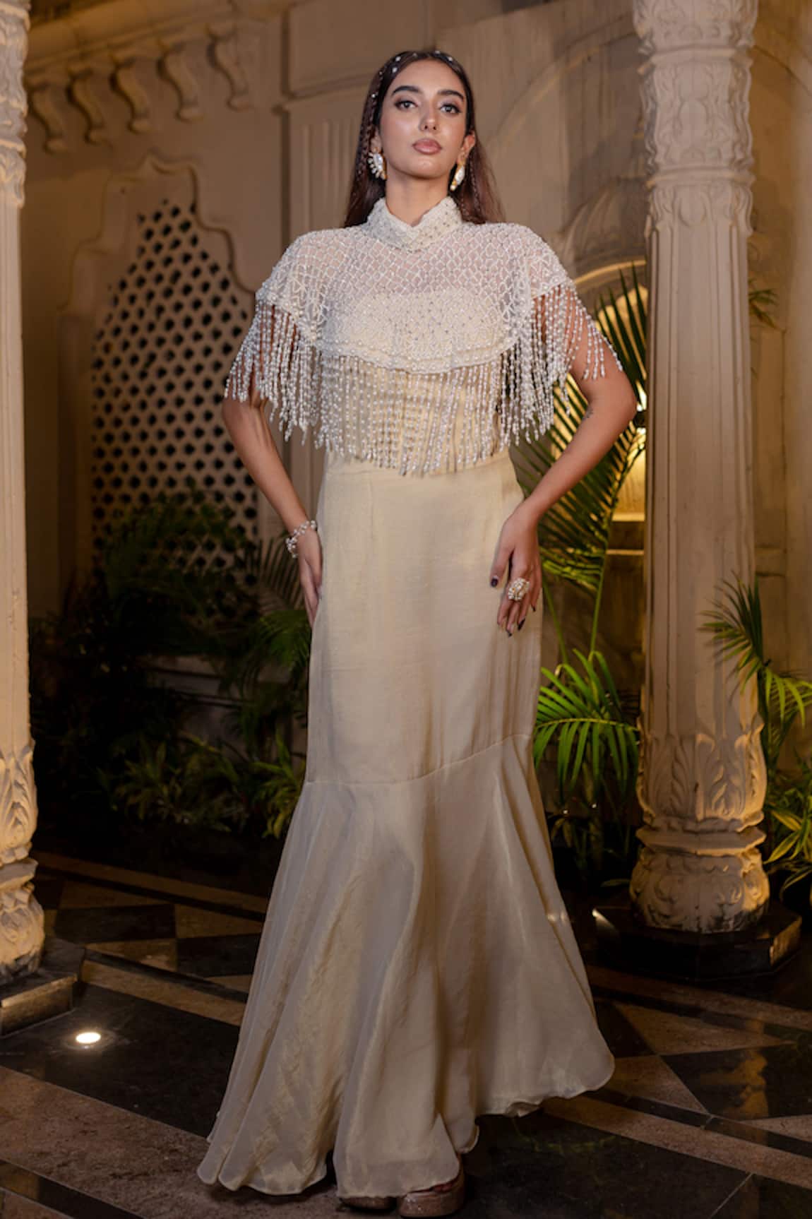 Farha Syed Ivory Beige Hand Embroidered Gown & Cape 