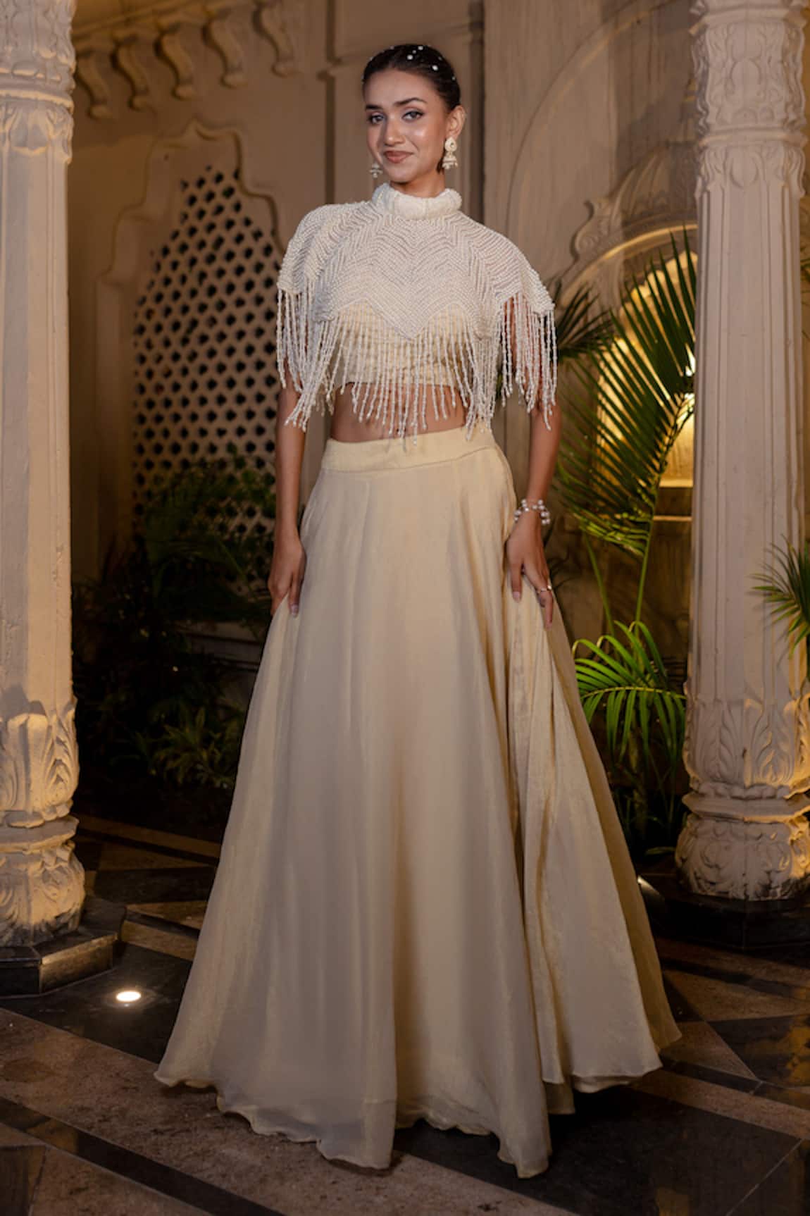 Farha Syed Ivory Beige Cape Lehenga Set 