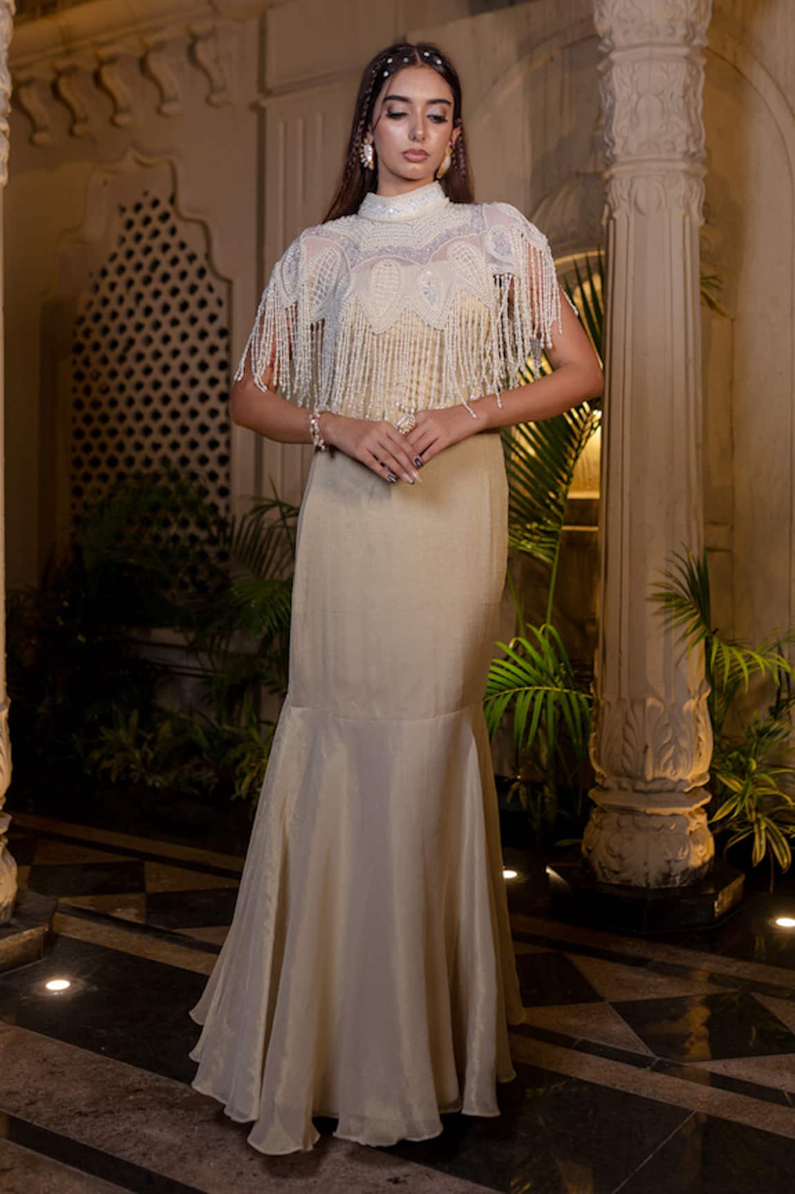 Farha Syed Ivory Beige Fishcut Gown & Cape Set 