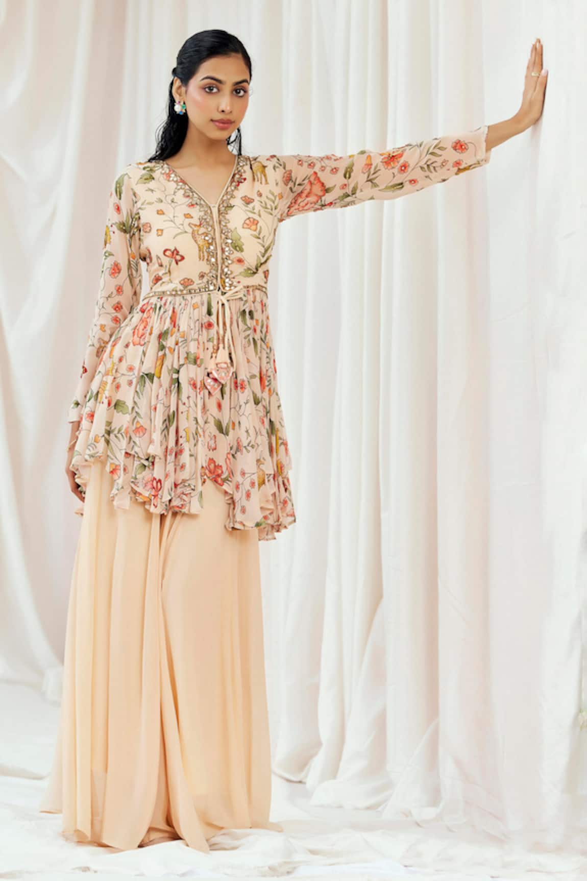 Redpine Designs Floral Print Peplum Kurta & Sharara Set 