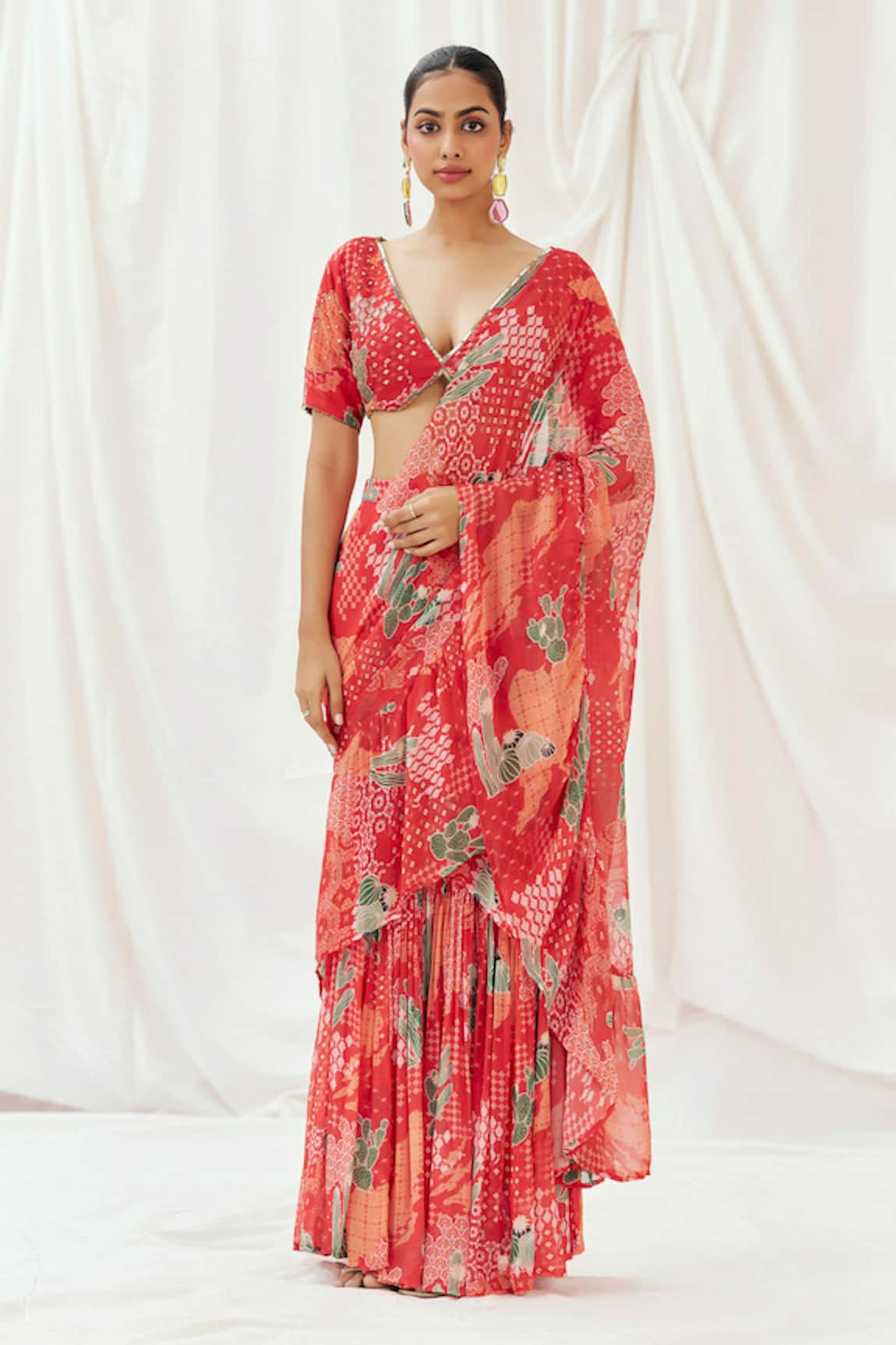 Redpine Designs Printed Pre-Draped Saree With Blouse 