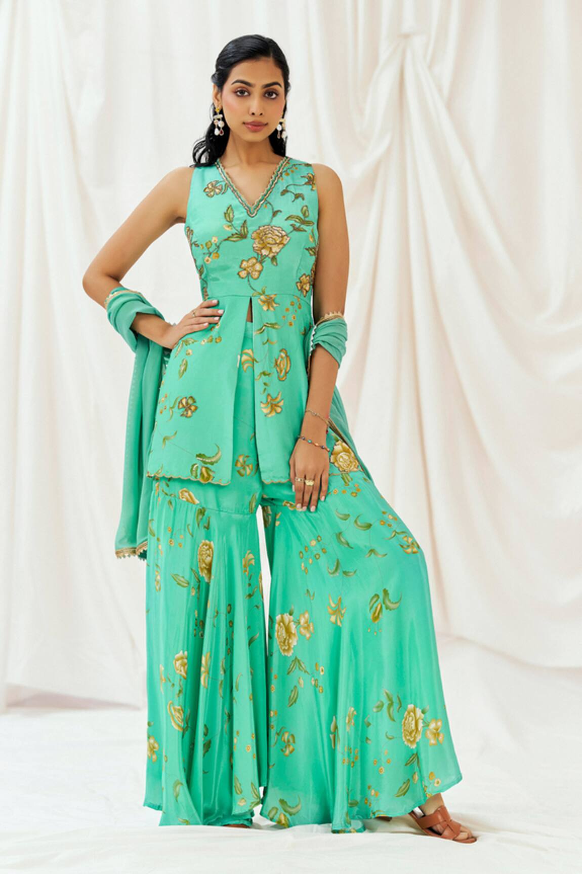 Redpine Designs Printed Peplum Kurta Sharara Set 
