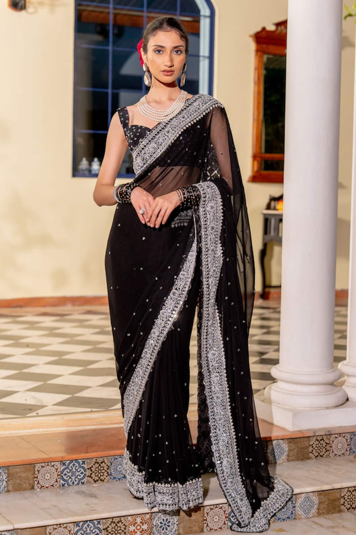 Nafs Black Georgette Sequin Saree With Blouse 