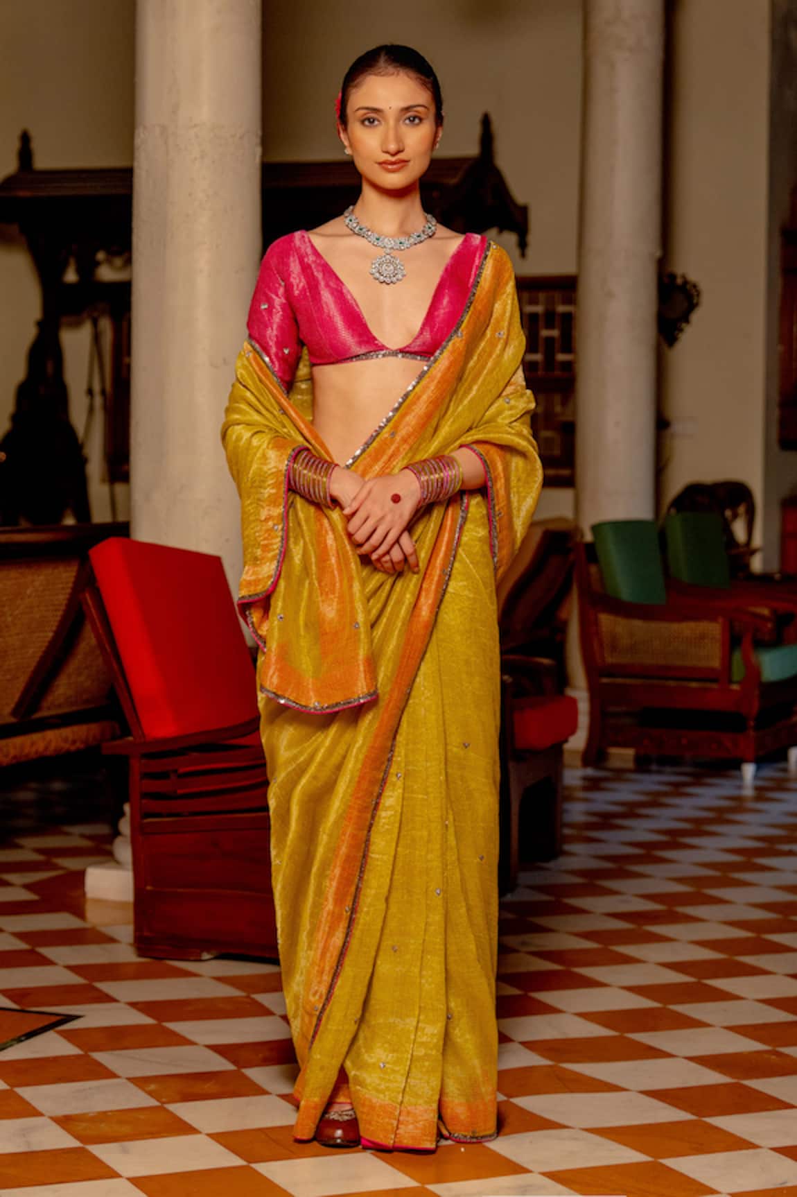 Nafs Chartreuse Yellow Saree & Fuchsia Blouse Set 
