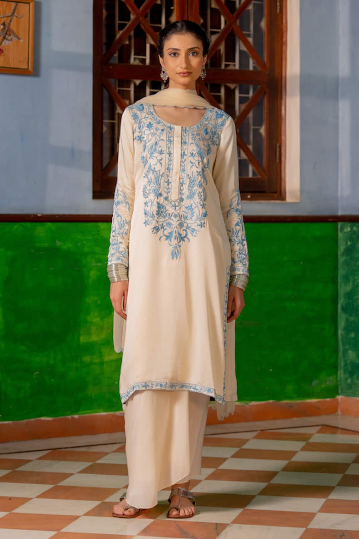 Nafs Ivory Kurta Set With Draped Skirt 