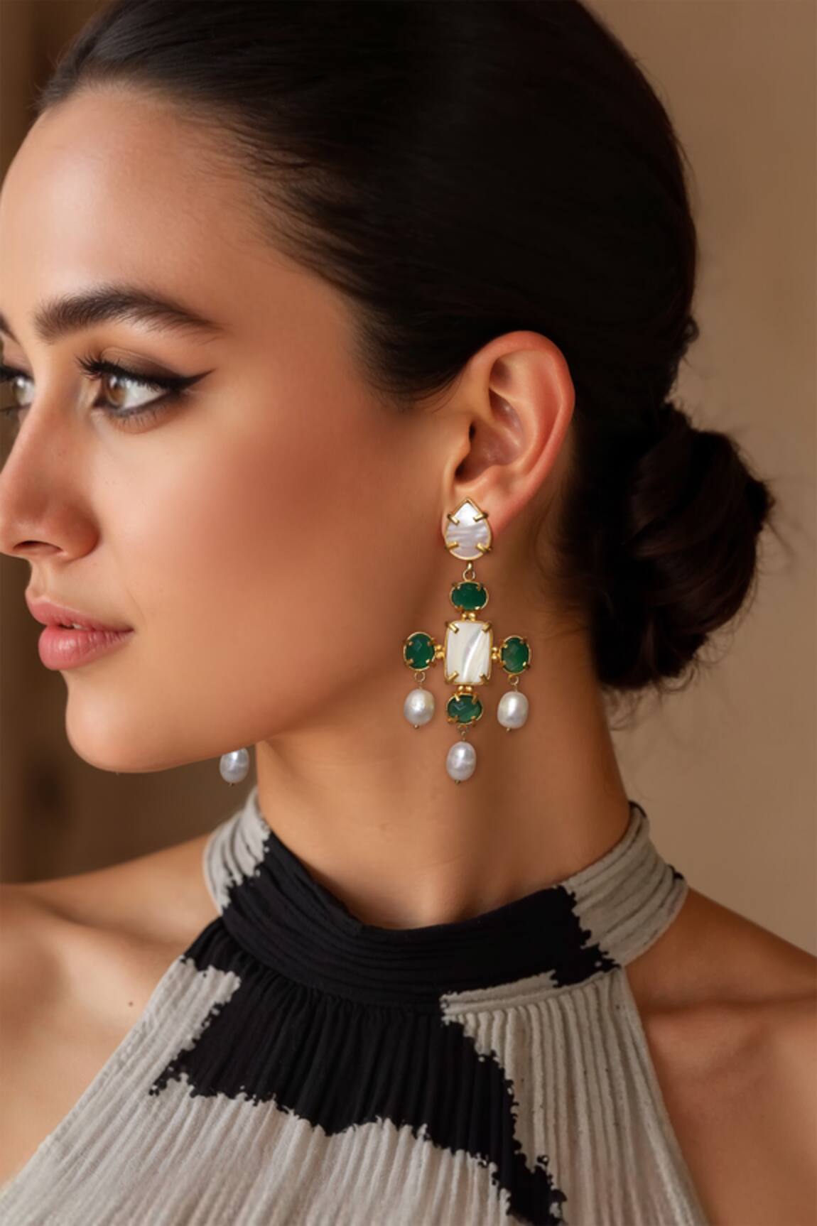 Tad Accessories Gold Finish Green Stone Earrings