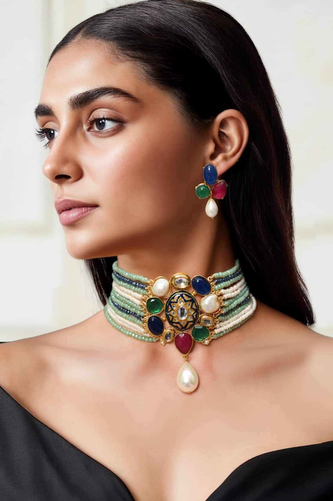 Tad Accessories Gold Finish Semi Precious Stone Choker Set 