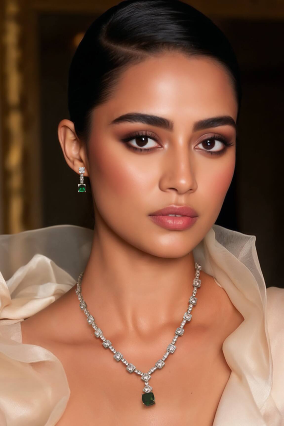 Tad Accessories Cubic Zirconia Stone Green Necklace Set 