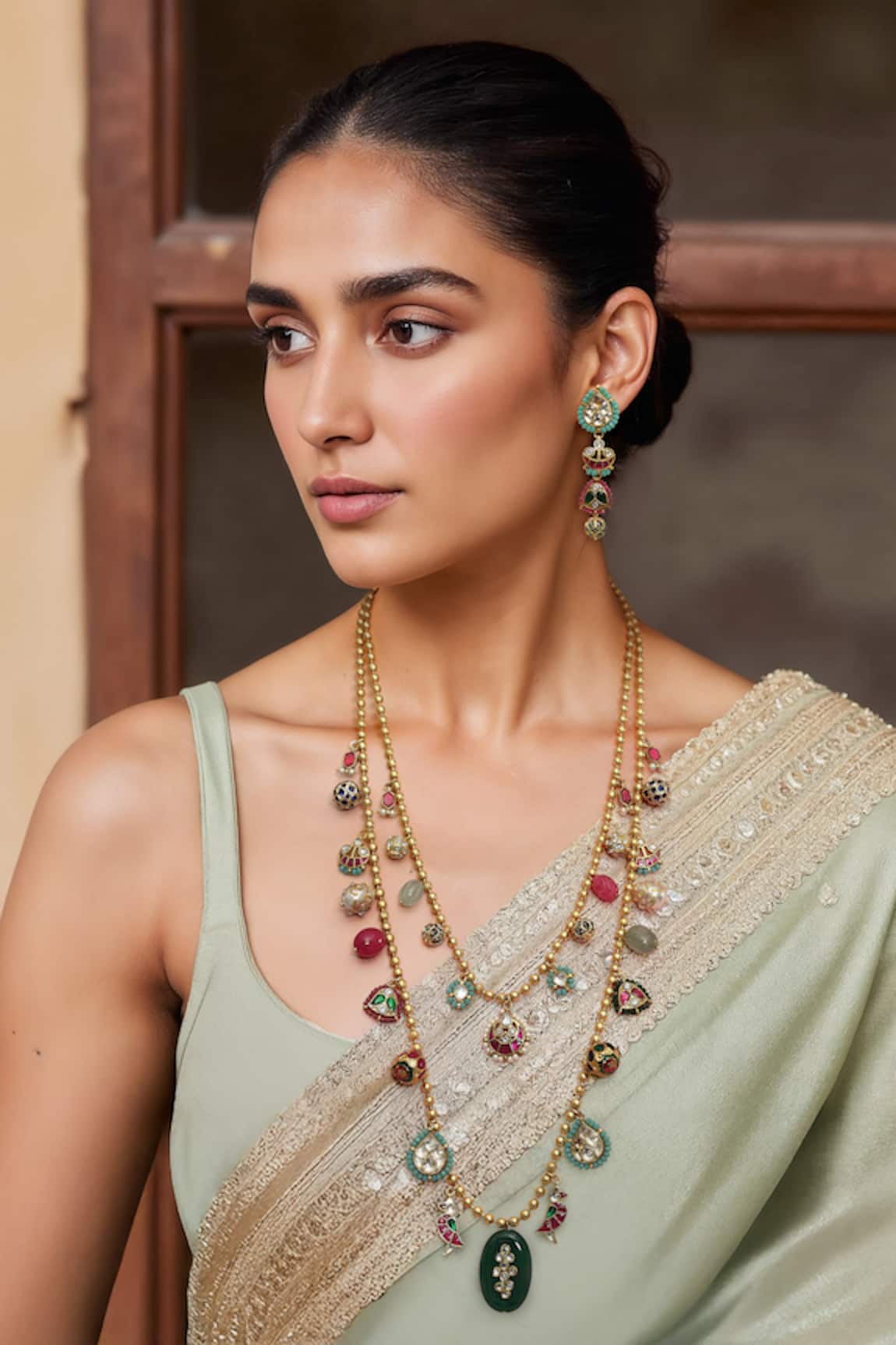 Tad Accessories Gold Finish Multi Color Necklace & Earrings Set 