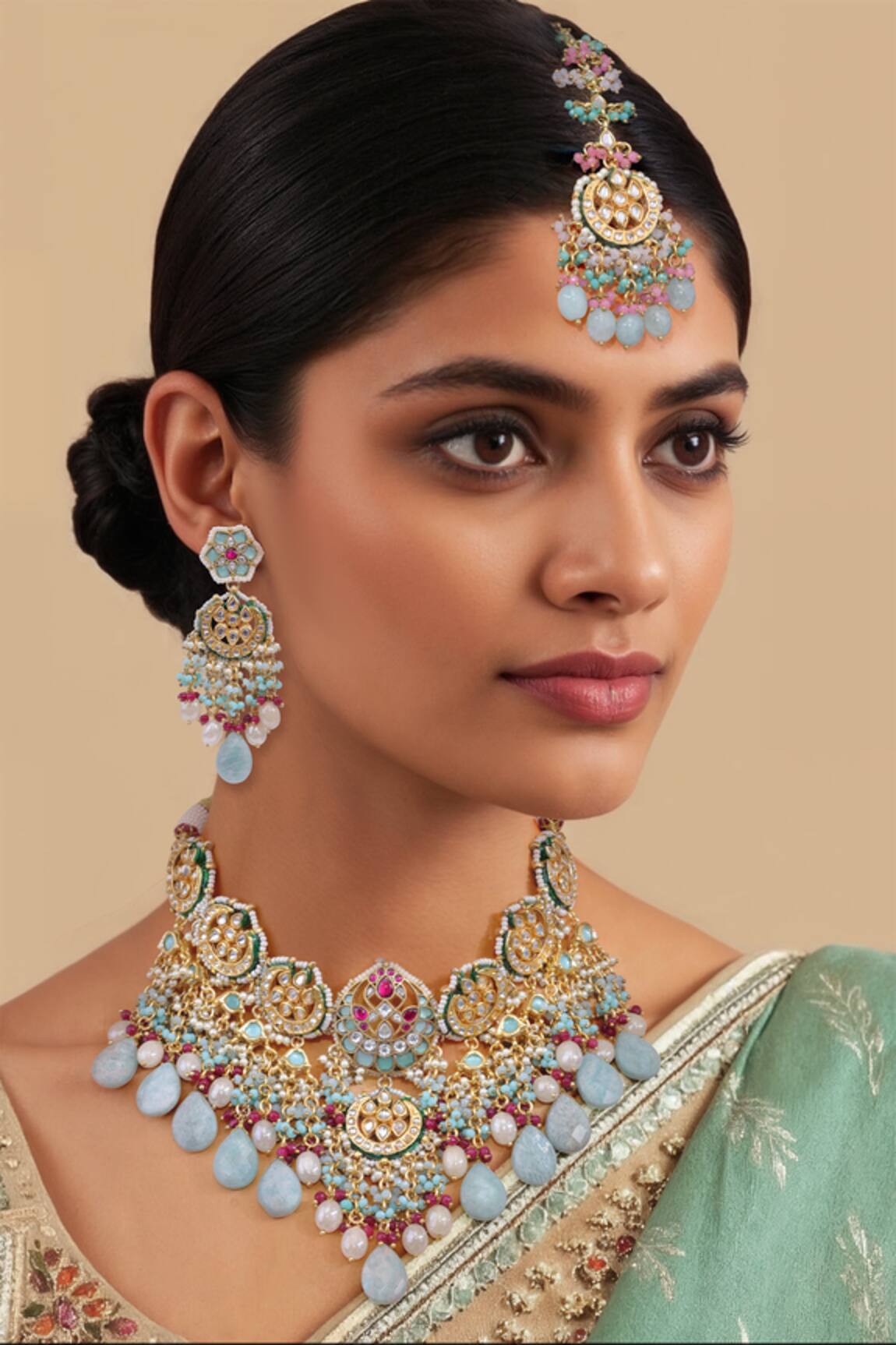Tad Accessories Gold Finish Aqua Necklace Set 