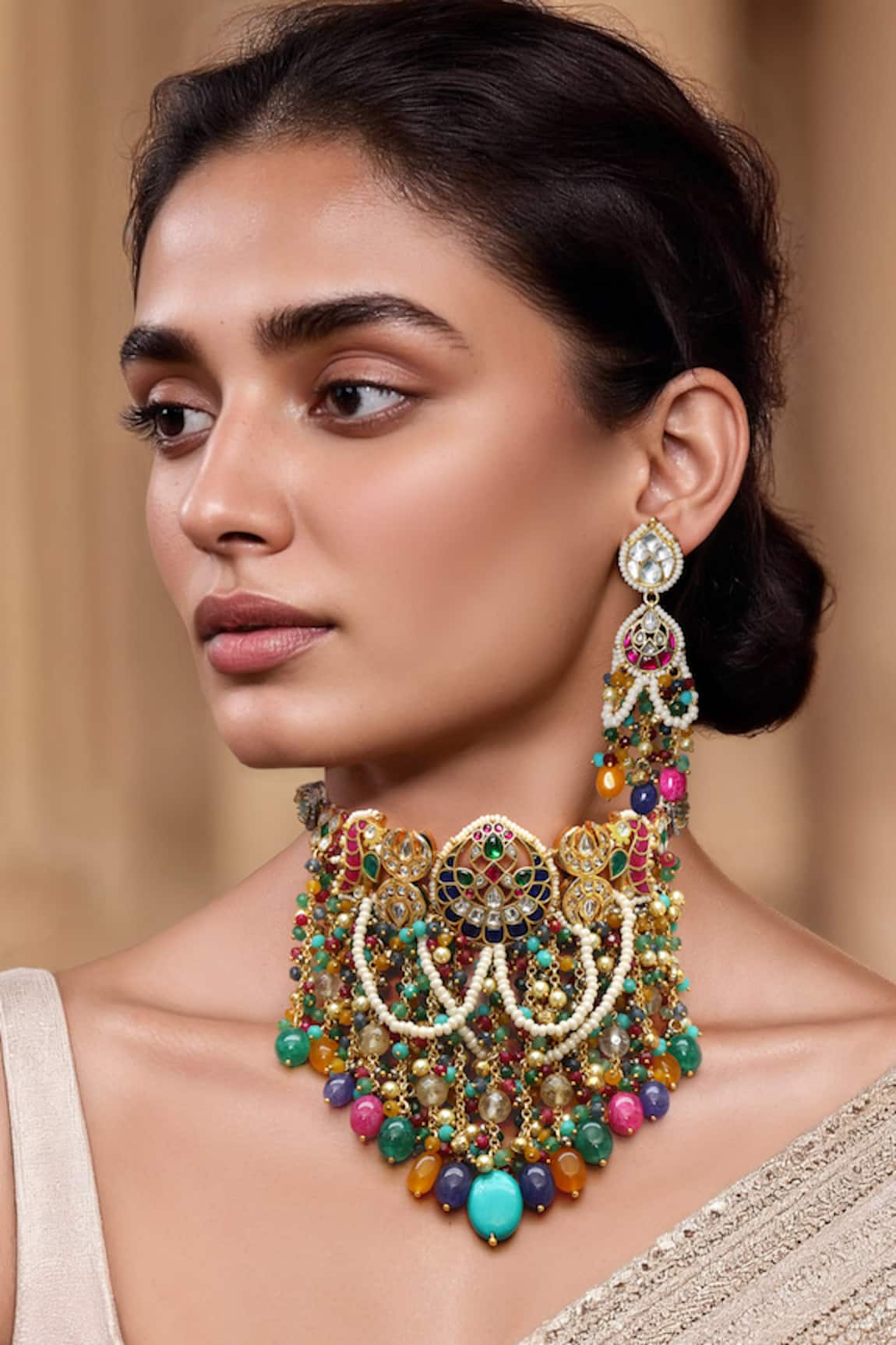 Tad Accessories Two Tone Imitation Polki Necklace & Earrings Set 